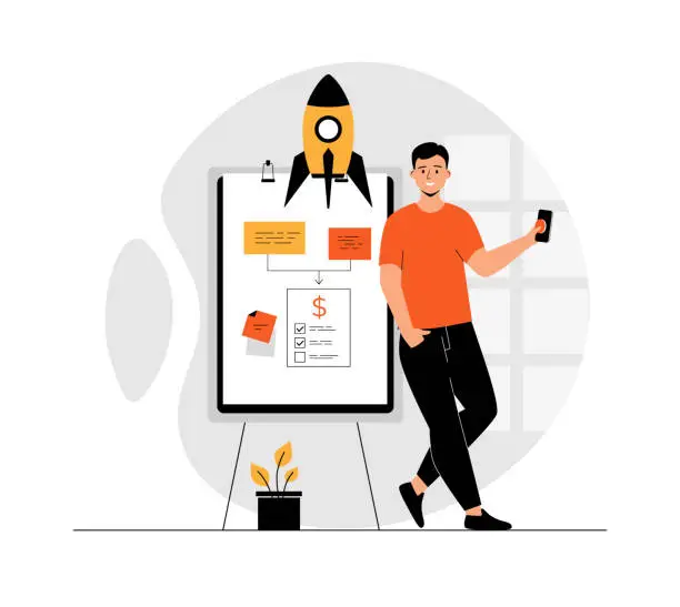 Vector illustration of Startup business concept. Man creating business plan, develops idea, creates new successful project and launches rocket. Illustration with people scene in flat design for website and mobile develop