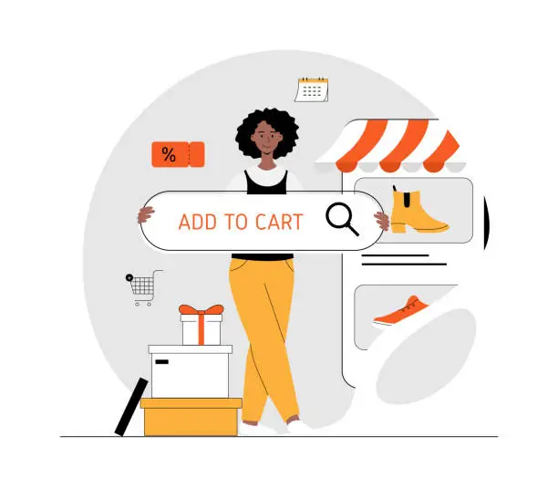 Vector illustration of Shopping online. Woman choosing goods at store, ordering and paying online in mobile app. Illustration with people scene in flat design for website and mobile development.