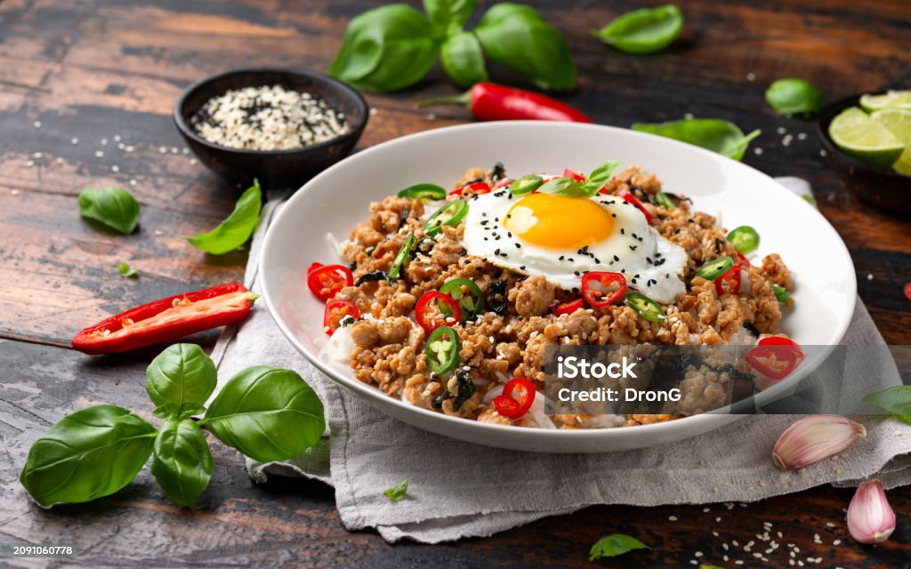 Krapow Fried Rice Pad Krapow Gai Thai Basil Chicken With Rice And Fried Egg Stock Photo ...
