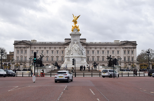 London, England – July 2018 – Architectural detail of Buckingham Palace, London royal residence and administrative headquarters of the monarch of the United Kingdom