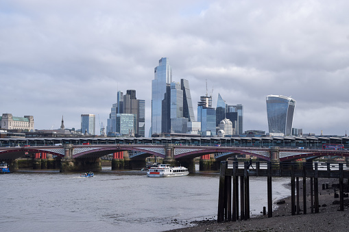London, UK - March 15 2024: Daytime view of the City of London skyline, the capital's financial district, and from Southbank.