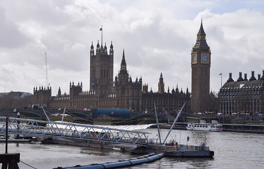 London, UK - March 15 2024: daytime view of Big Ben, Westminster Bridge, River Thames and the Houses of Parliament.