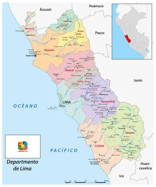 Vector illustration of Administrtive vector map of the Peruvian region Lima