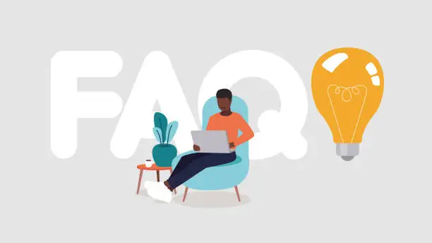 Vector illustration of Vector illustration of the letters FAQ, next to it a light bulb, in the foreground a man sitting on a couch with his laptop - inspiration and innovation concept