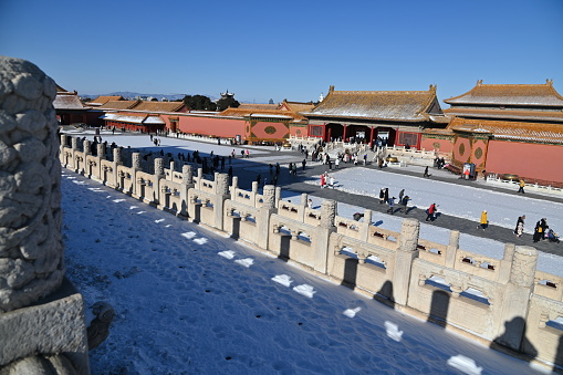 Beijing, China - December 19 2023: Creative shots of the Forbidden City of China, against an ancient Chinese culture, shot during winter where rivers were iced and snow are everywhere on the ground