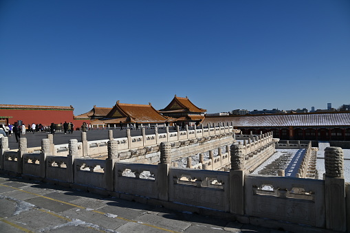 Beijing, China - December 19 2023: Creative shots of the Forbidden City of China, against an ancient Chinese culture, shot during winter where rivers were iced and snow are everywhere on the ground