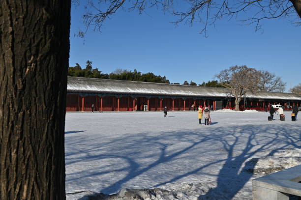 Beijing, China - December 19 2023: Creative shots of the Forbidden City of China, against an ancient Chinese culture, shot during winter where rivers were iced and snow are everywhere on the ground