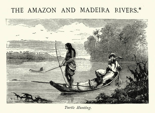 Vintage illustration Turtle hunting on the Amazon river, Hunter with bow and arrow, 19th Century