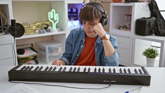 Young man playing keyboard while wearing headphones in a home music studio