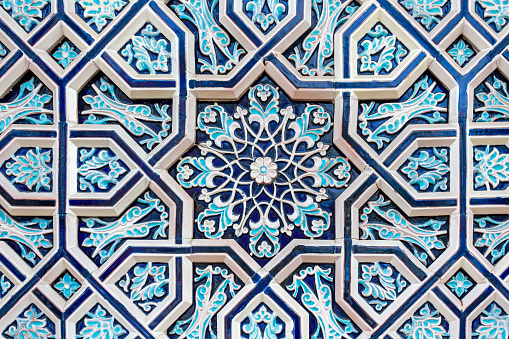 Tashkent, Uzbekistan - February 2, 2024: The traditional design pattern of Uzbekistan on the ceramic walls of Museum of Victims of Political Repression in Tashkent, Uzbekistan.