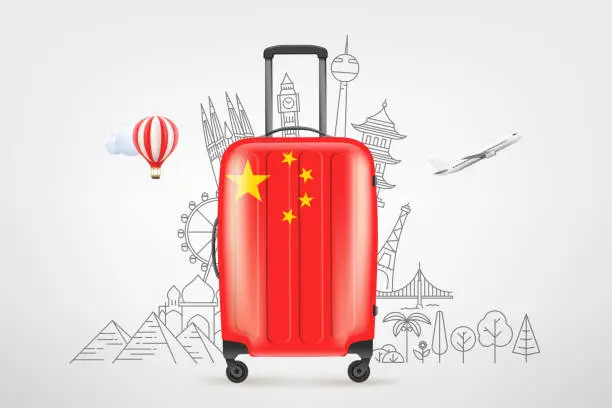 Vector illustration of Plastic travel bag with chinese flag and famous world sights. 3d vector concept