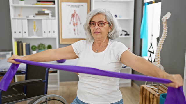 A mature woman exercises with resistance bands in a physiotherapy clinic, showcasing healthcare and rehabilitation.