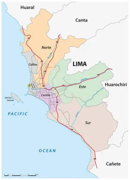 Vector illustration of Administrative and road map of the Peruvian capital Lima