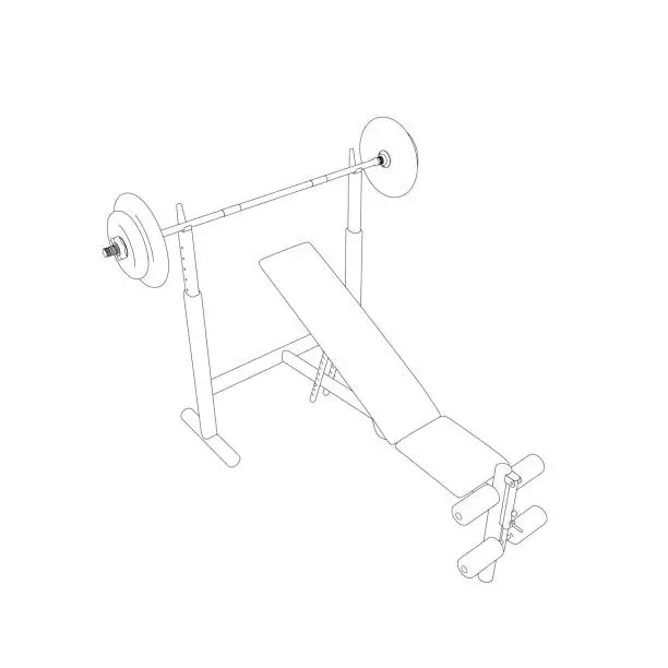 Vector illustration of Outline of Gym bench and barbell on white stand isolated on white background. Vector illustration. Line art vector of Barbell Bench Press. Isometric view. 3D.