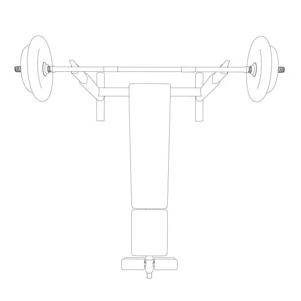 Vector illustration of Outline of Gym bench and barbell on white stand isolated on white background. Vector illustration. Line art vector of Barbell Bench Press. Top view. 3D.