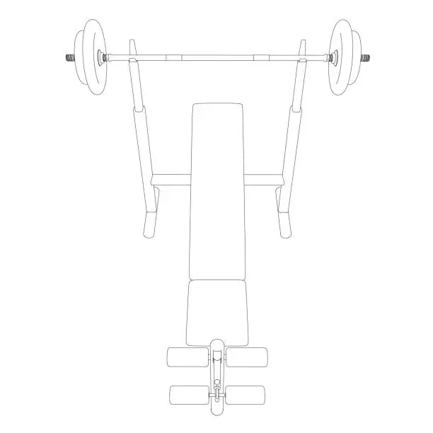 Vector illustration of Outline of Gym bench and barbell on white stand isolated on white background. Vector illustration. Line art vector of Barbell Bench Press. Top view. 3D.