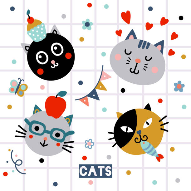 ilustraciones, imágenes clip art, dibujos animados e iconos de stock de cute cats. funny doodle animals. - cake pie apple pie apple