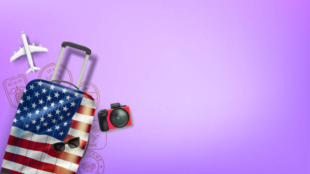 istock Travel illustration with bag, aircraft model and stamps. 3d Flat lay illustration 2091181307