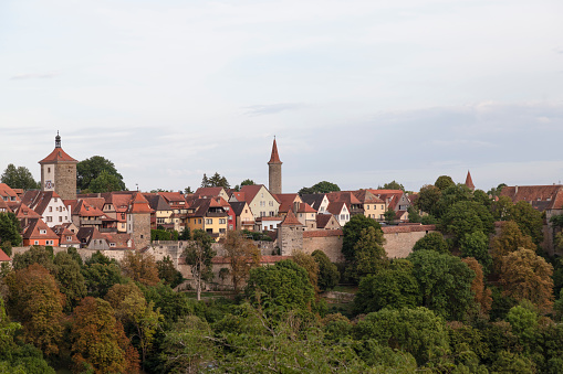 Cityscape of the medieval town of Rothenburg ob der Tauber in Germany.