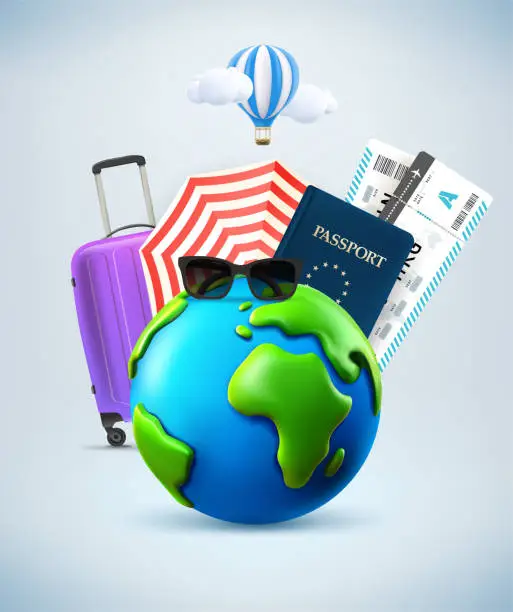 Vector illustration of Summer travel concept with the Earth and travel elements. 3d vector illustration