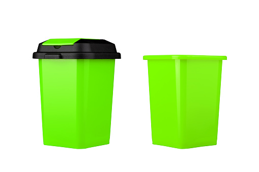 Green trash can. With and without a lid. Side view. Isolated on white background. Garbage recycling.