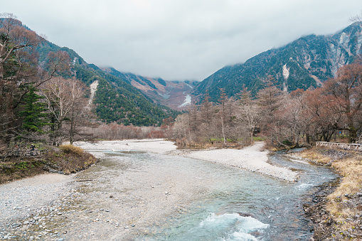Scene of Kamikochi National Park, Hotaka mountain and Azusa river, Nagano Prefecture, Japan. Landmark for tourists attraction. Japan Travel, Destination and Vacation concept
