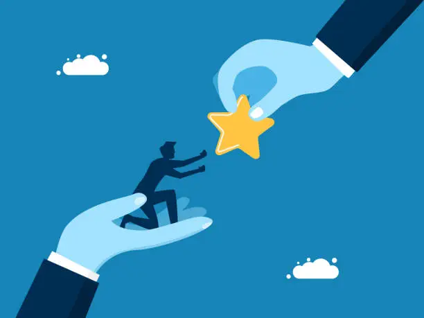 Vector illustration of Support employees to succeed. man on big hand receives star award