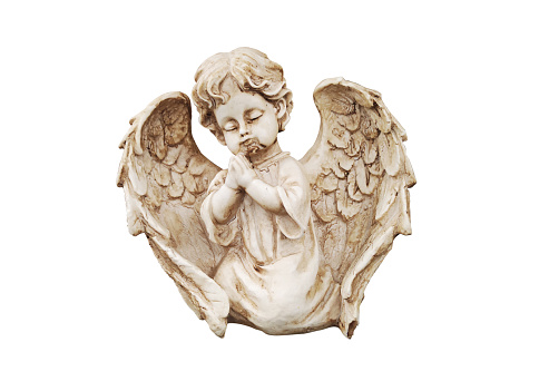 Praying angel Ceramic figurine isolated on white background. Faith.