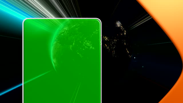Silhouette of smartphone with Green Screen on the background Planet Earth. Chroma key