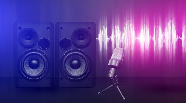 istock Music speakers and microphone, sound background with neon light 2091245541