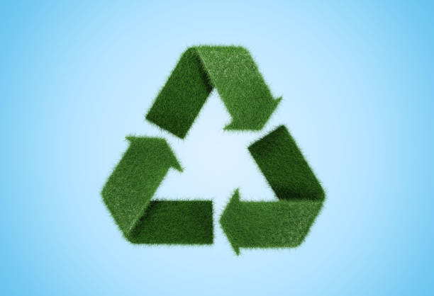 istock Recycle symbol of green grass on blue sky clear background, copy space 3d render illustration. 2091250200