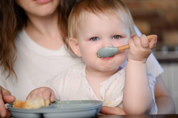 a one-year-old baby learns to eat food from a plate with a spoon on his own, sitting in his mother's arms. healthy food - eating cereal student human mouth 뉴스 사진 이미지