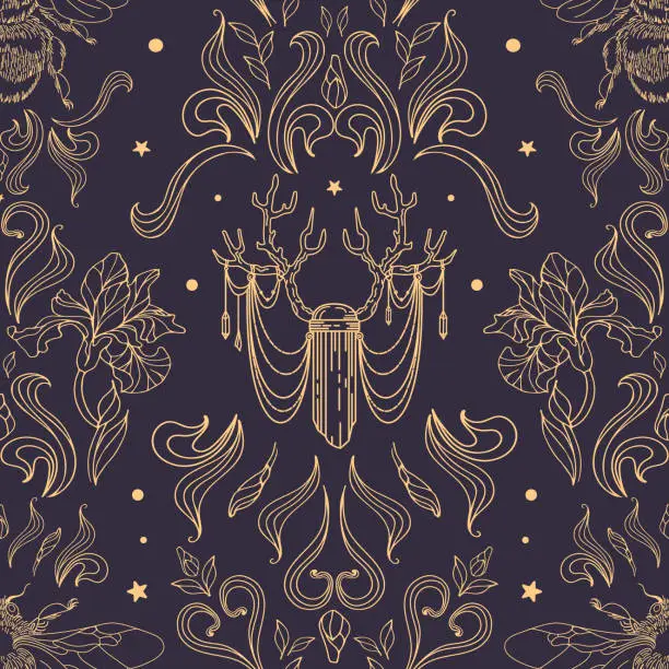 Vector illustration of Deer antlers, crystal, Golden bumblebee, stars and leaves, dark. Seamless pattern in vintage boho style. Halloween, magic, witchcraft, astrology, mysticism. For wallpaper, fabric, wrapping, background