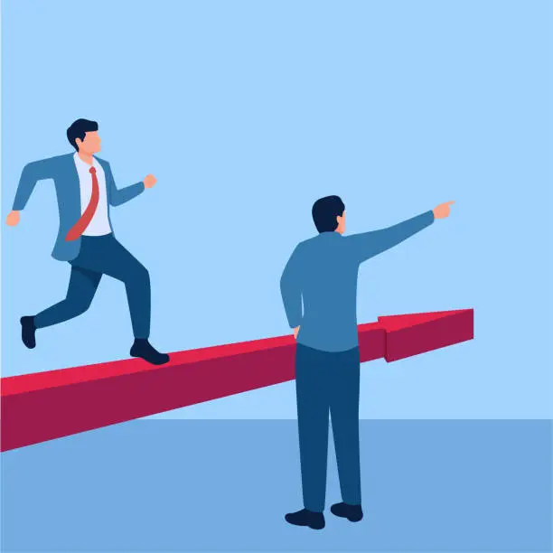Vector illustration of Man shows the way up to his team members, illustration for leadership.