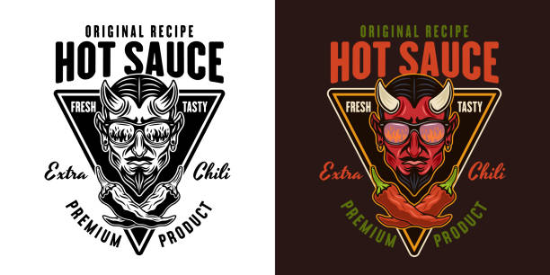 hot sauce vector emblem, label, badge with devil head illustration in two styles black on white and colorful - devil chili stock-grafiken, -clipart, -cartoons und -symbole