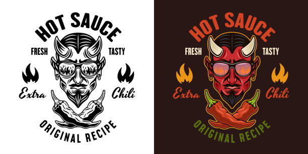 hot sauce vector emblem, label, badge with devil head illustration in two styles black on white and colorful - devil chili stock-grafiken, -clipart, -cartoons und -symbole