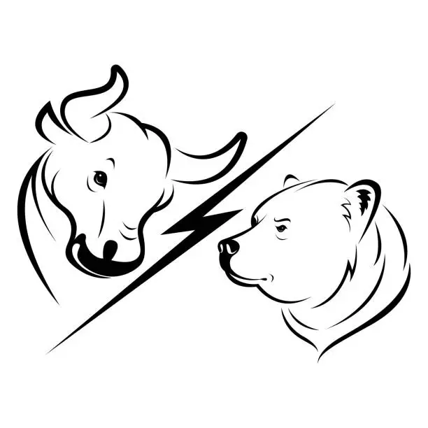 Vector illustration of Vector of bull and bear symbols of stock market trends. Stock market and business concept. The growing and falling market. Wild Animals.