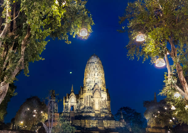 Lamp lights hang from trees at dusk and the temple is lit up by flood lighting,against a clear dark blue sky and moon.