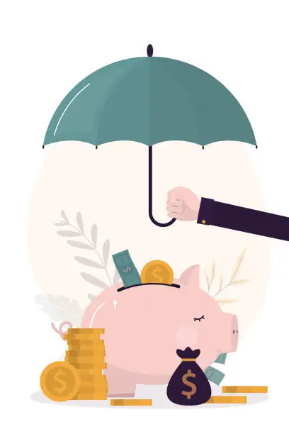 Vector illustration of Financial and business insurance. Saving money and protecting bank deposit. Hand holds umbrella and cover piggy bank account, insure assets. money protection and guarantee.