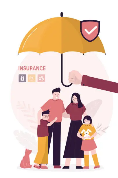 Vector illustration of Agent hand hold umbrella and covering happy family. Health and life insurance. Medical insurance for all family. Parents with kids under huge umbrella. Healthcare
