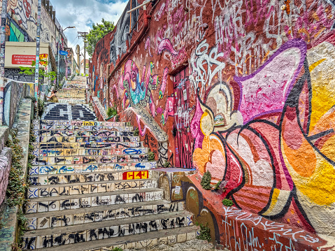 Sao Paulo, Brazil - 27 February, 2024: Artwork  in the Patapio stairs in the region of Vila Madalena. The area is popular because of the dense concentration of graffiti in the streets.