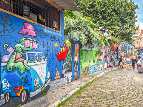 Sao Paulo, Brazil - 27 February, 2024: Artwork on the walls of the region known as Beco do Batman (Batman Alley). The area is popular because of the dense concentration of graffiti in the streets.