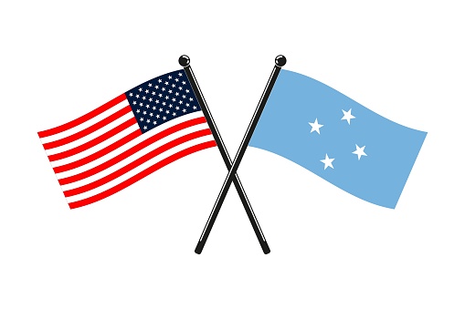national flags of Federated States of Micronesia and Usa crossed on the sticks in the original colours