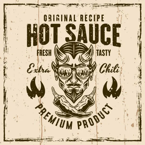 Vector illustration of Hot sauce vector emblem, badge, label or prints with devil head and crossed chili peppers. Illustration on background with grunge textures and frame