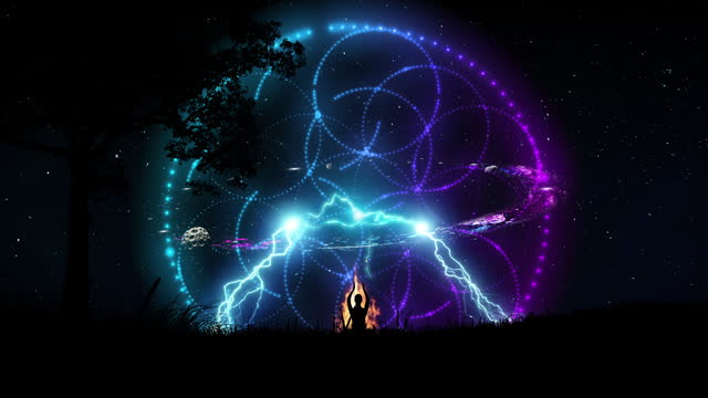 A mystical huge man with a luminous symbol of the flower of life lotus, emitting many lightning bolts, flies from a flash in space to the ground to a man meditating near a fire in nature. Sacred geometry. Concept of God, religion. 4k animation.
