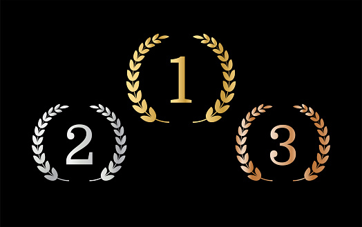 Laurel wreaths with first, second and third place. Award emblems. Wreath frame. Gold, silver, bronze. 1st, 2nd, 3rd. Vector illustration