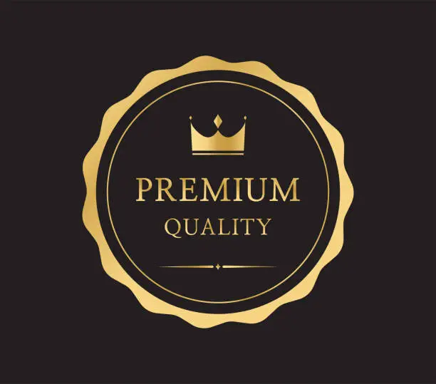 Vector illustration of Premium quality badge or label. Gold vector medal isolated on black background.
