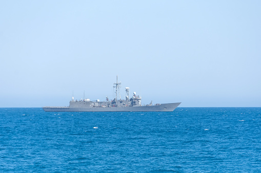Military ship off the west coast of Victoria on Vancouver Island, British Columbia