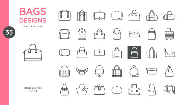 Bags Designs Icon Set. Women's Bags, Handbags, Barrel, Baguette and Bowling Bags, Sacks, with handles, backpacks, clutches, wallets. Editable Vector Fashion, Travel and Sport Accessory Collection.