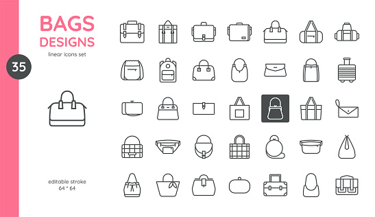 Bags Designs Icon Set. Women's Bags, Handbags, Barrel, Baguette and Bowling Bags, Sacks, with handles, backpacks, clutches, wallets. Editable Vector Fashion, Travel and Sport Accessory Collection.